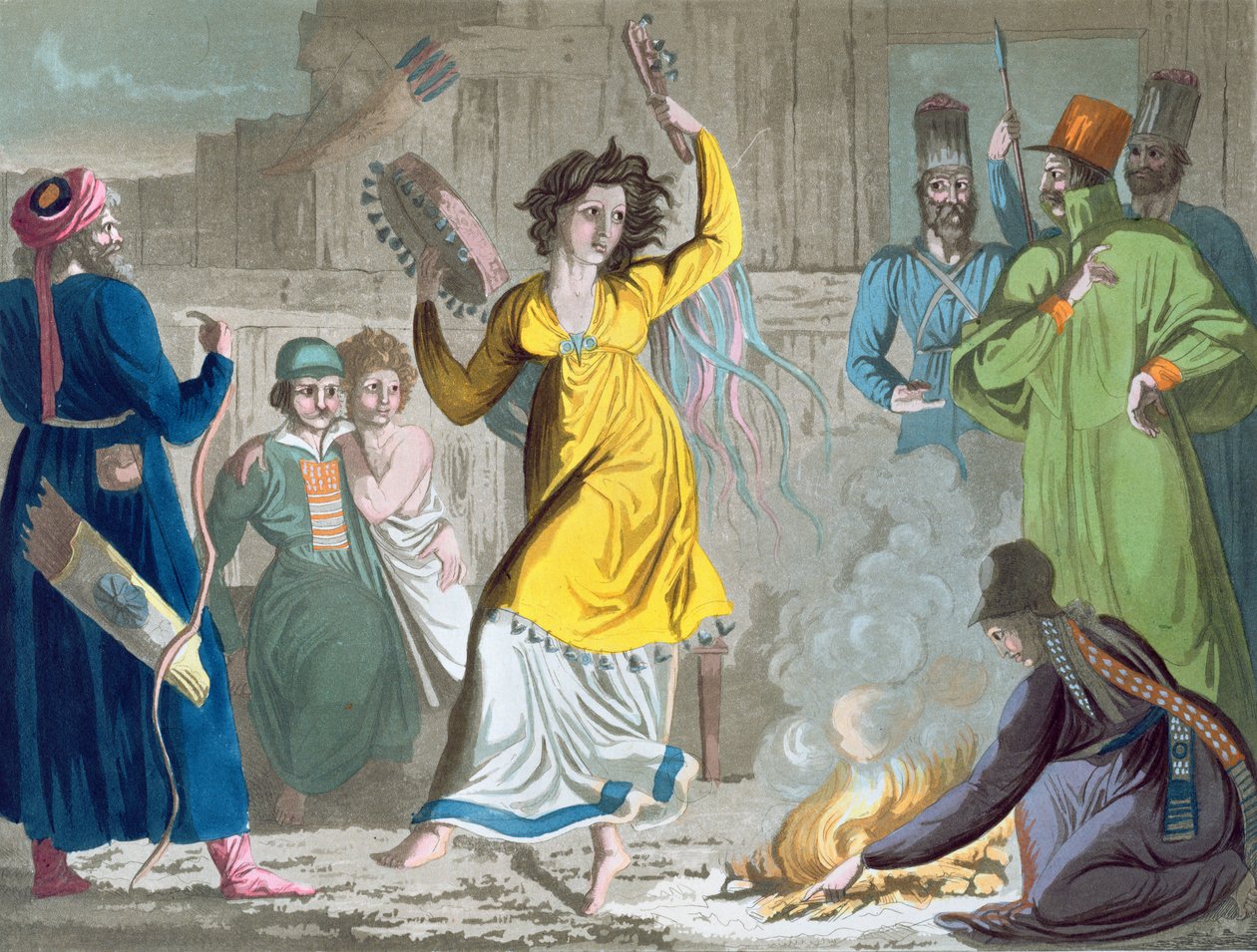 Talysh Shaman Dancing Around the Fire, z „Starověkého a moderního kostýmu“ od Giulia Ferraria, 1819 od Angelo Biasioli