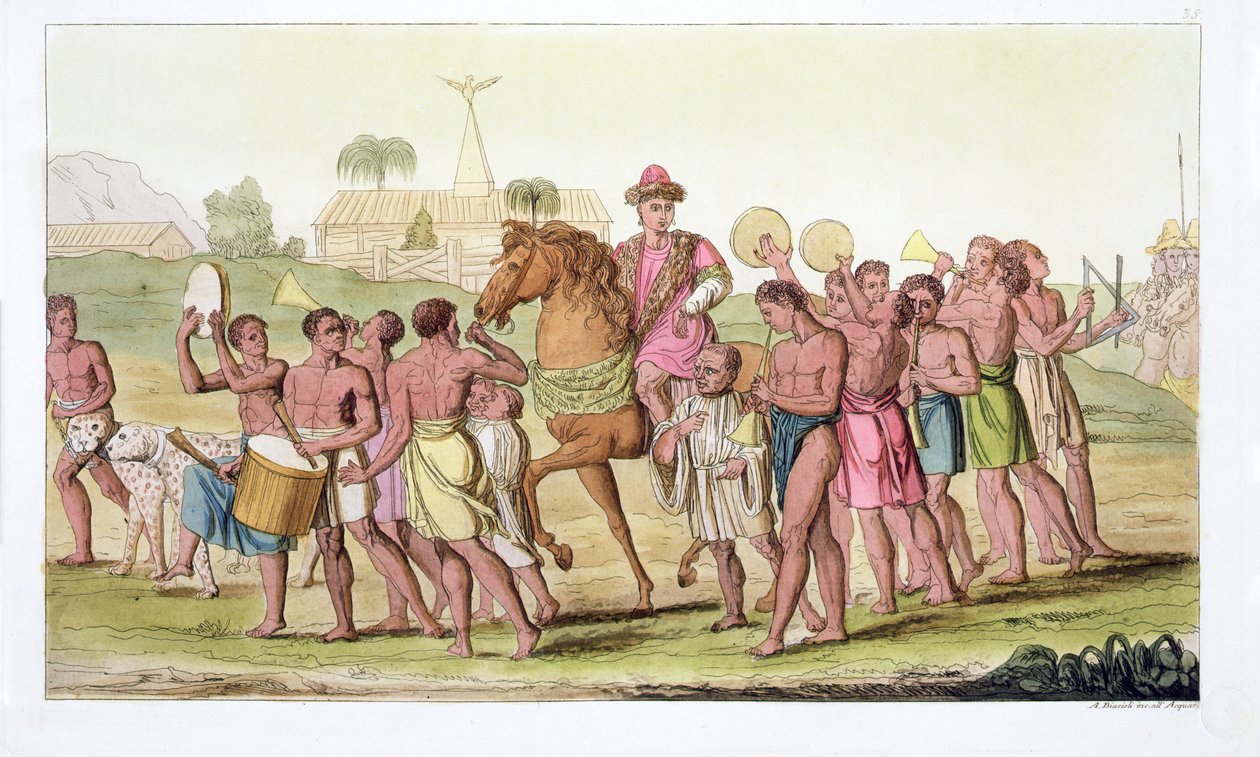 Corallo, Festival krále Beninu, deska 38 z „Le Costume Ancien et Moderne“ od Julese Ferraria, vydáno kolem 20.–30. let 19. století od Angelo Biasioli