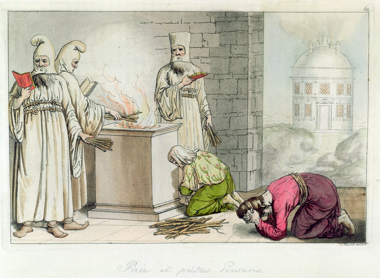 Pyre s perskými kněžími, ilustrace z „Il Costumo Antico e Moderno“ od Giulia Ferraria, Milán, 1819-1834 od Angelo Biasioli
