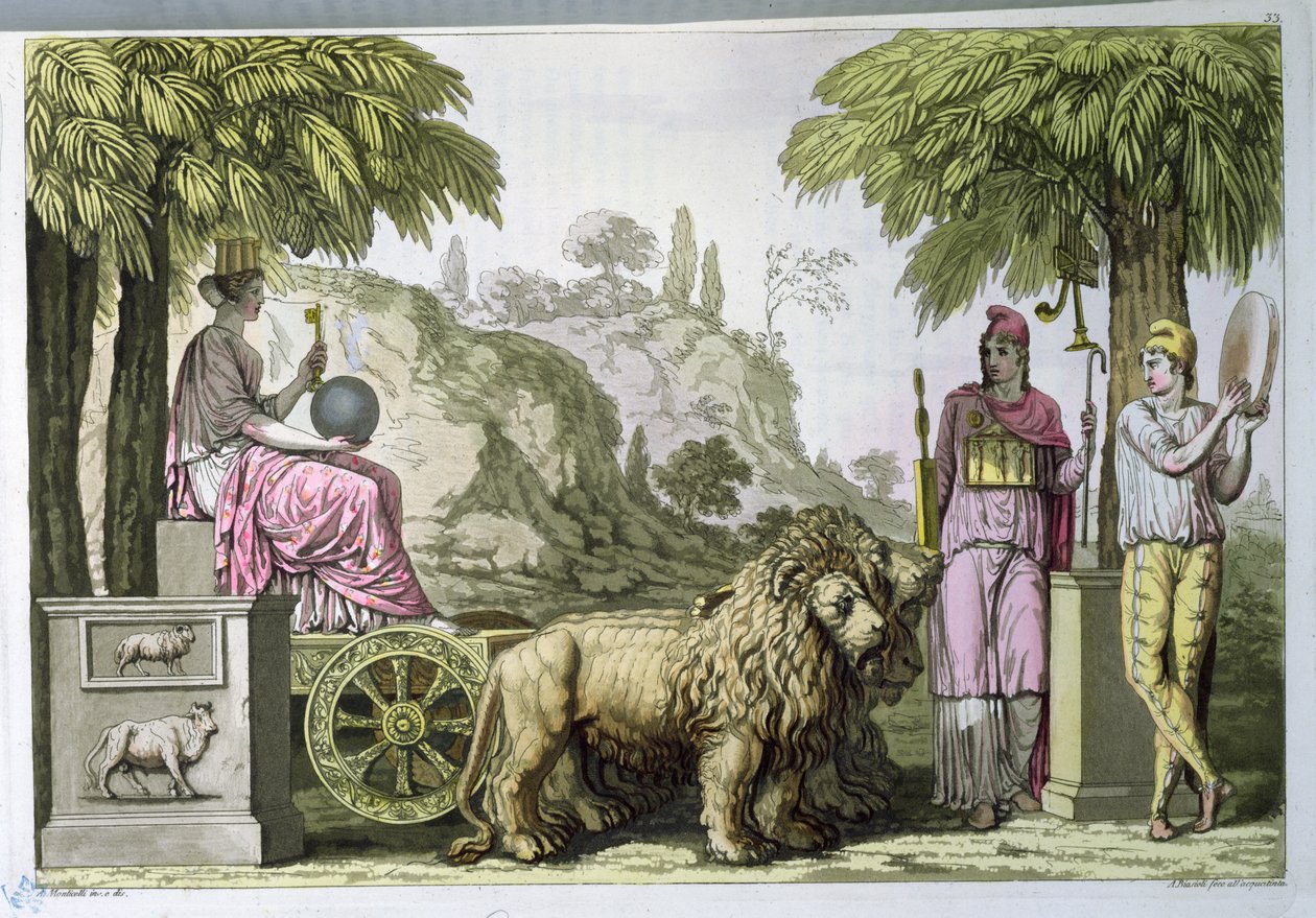 Cybele na svém voze a Attis, z „Le Costume Ancien ou Moderne“ od Julese Ferraria, vyryto A. Biasioli, kolem roku 1820 (akvatinta) od Angelo Monticelli