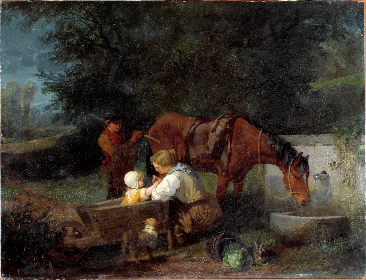 Farmářka s dítětem, farmářským chlapcem a koněm Obraz Angelo Beccaria (1820-1897) od Angelo Beccaria