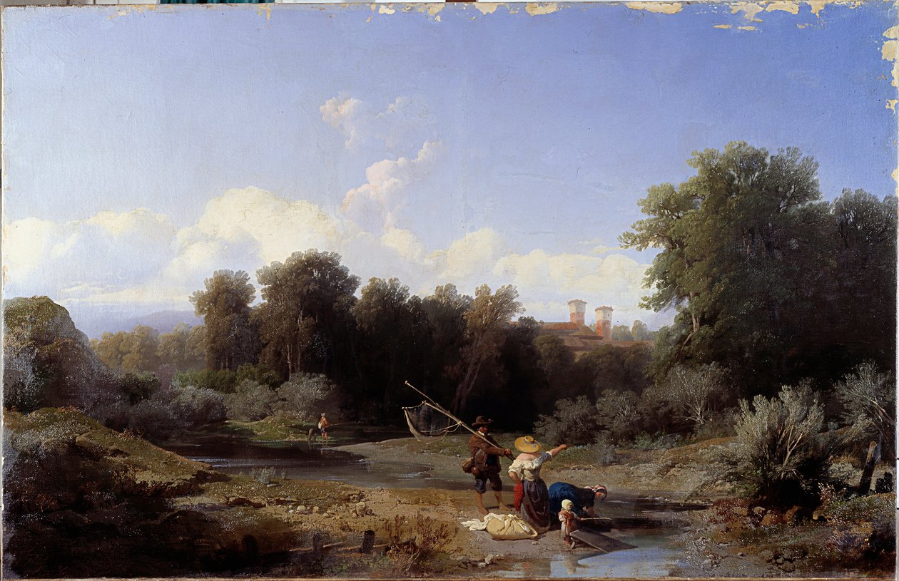 Krajina aneb „Rybaření““ (Rybaření v řece) Malba Angela Beccaria (1820-1897) 1855 Rozměr 94x146 cm Genes, Galleria d