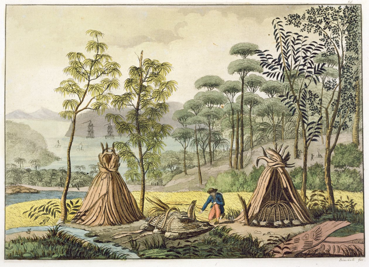 Pohřební zvyky, New Holland, deska 63 z knihy "Le Costume Ancien et Moderne", autor Jules Ferrario, vydáno cca ve 20.-30. letech 19. století. od Angelo Biasioli