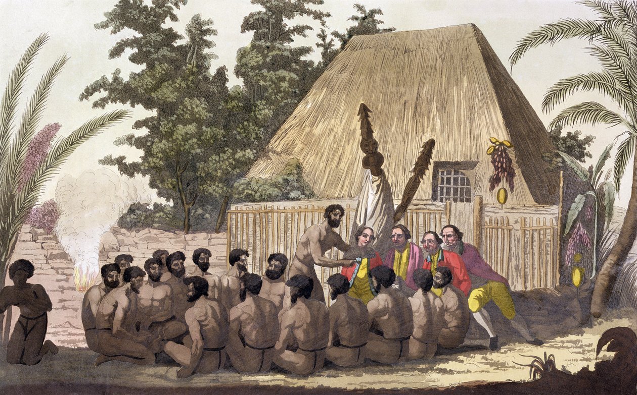 „Kapitán Cook pozoruje nabídku, Sandwichovy ostrovy“, 1778–1779 19. století od Angelo Biasioli