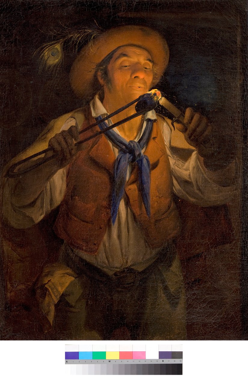 Sedlák zapaluje svíčku hořícím uhlím Obraz Angelo Inganni (1807-1880) 1850 Soukromá sbírka od Angelo Inganni