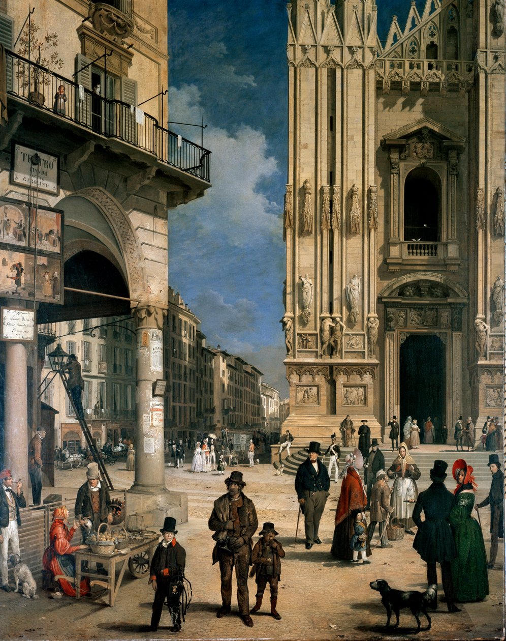 Marche de Figini v Miláně (Piazza del Duomo s rohem Coperto dei Figini) Detail od Angelo Inganni