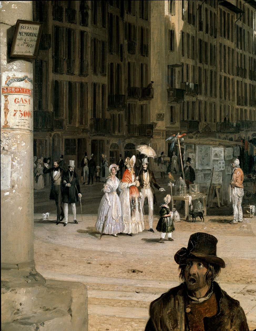 Marche de Figini a Milan (Piazza del Duomo s rohem Coperto dei Figini) Detail - Malba Angela Inganniho (1807-1880) od Angelo Inganni