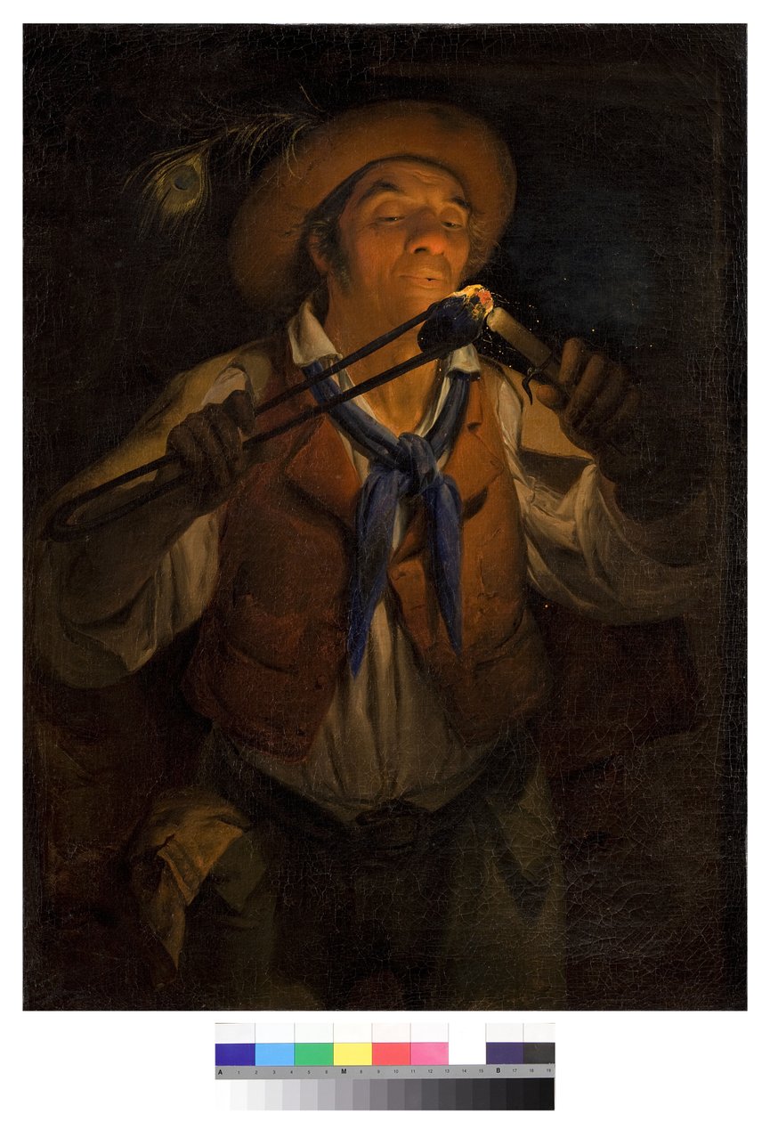 Sedlák zapalující svíčku uhlíkem, 1850 od Angelo Inganni