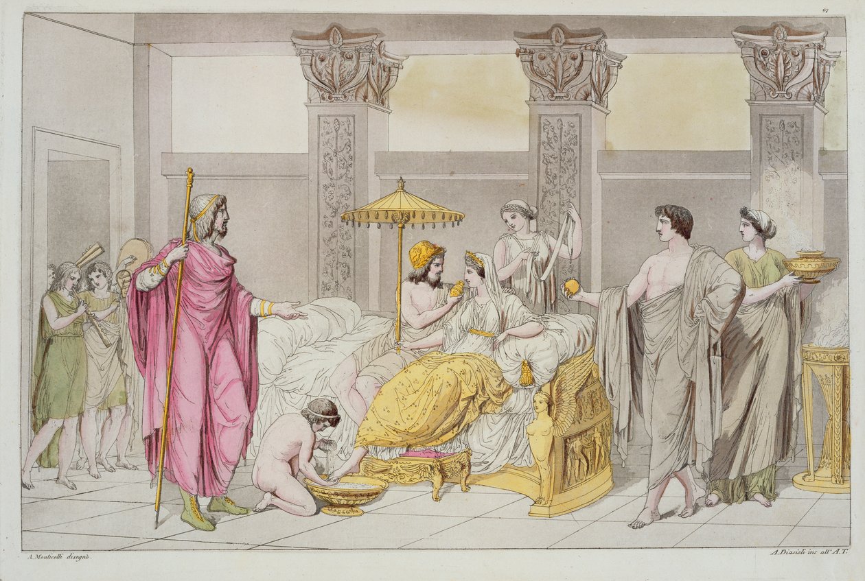 Svatba Odyssea a Penelope, ilustrace z Le Costume Ancien ou Moderne od Julese Ferraria, rytina A. Biasoli, Milán 1821 (barevná rytina) od Angelo Monticelli