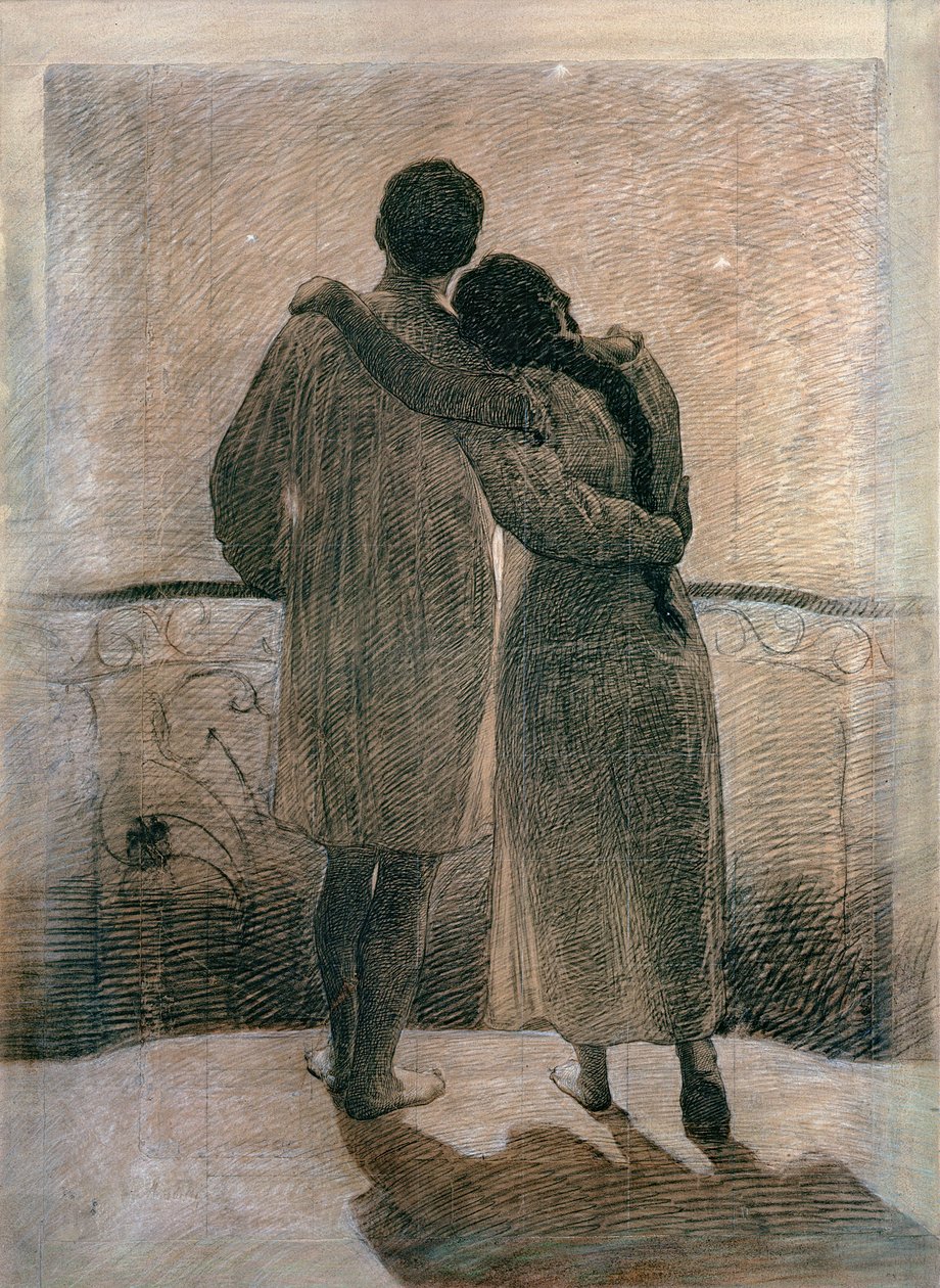 Mladý pár, centrální panel z Triptychu snů a reality, 1905 (tužka a uhel na papíře) od Angelo Morbelli