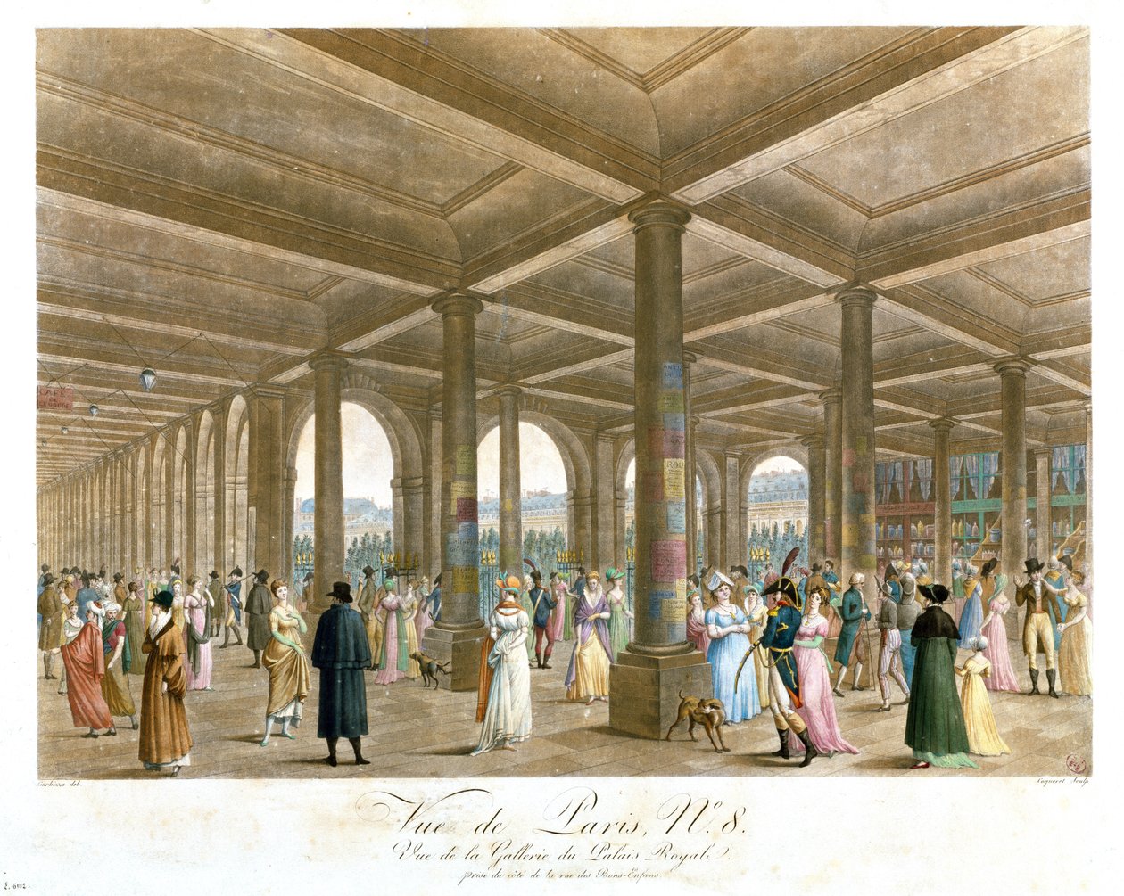 Arcade of the Palais Royal, rytý Coquerel od Angelo after Garbizza
