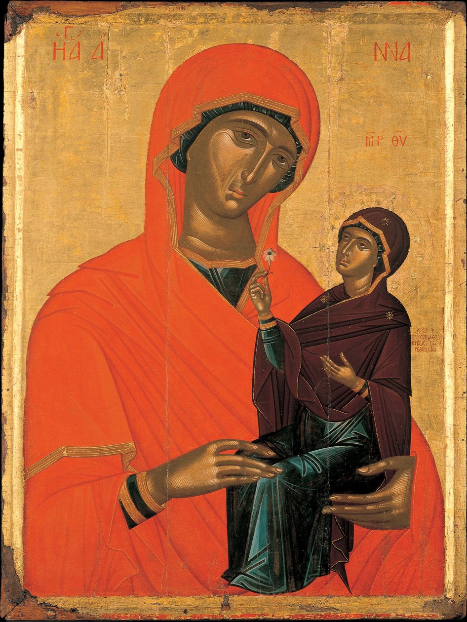 Akotandos, Angelos (aktivní cca 1425-1460) Svatá Anna s panenskou temperou na panelu cca 1440-1460 Muzeum Benaki, Atény 106x76 od Angelos Akotantos