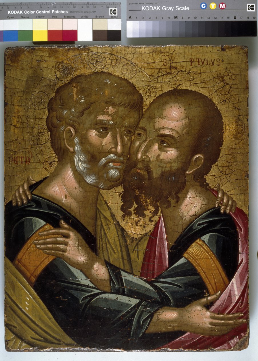 Ikona Objetí apoštolů Petra a Pavla (olej na plátně na panelu) od Angelos Akotantos