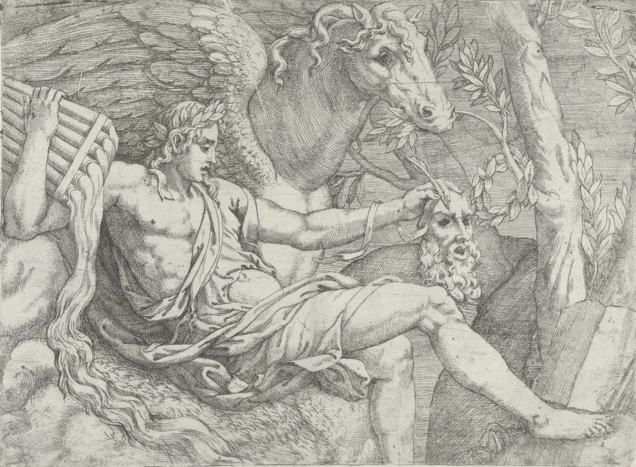 Apollo držící dýmky v pravé ruce doprovázený Pegasem, 1556-60. od Angiolo Falconetto