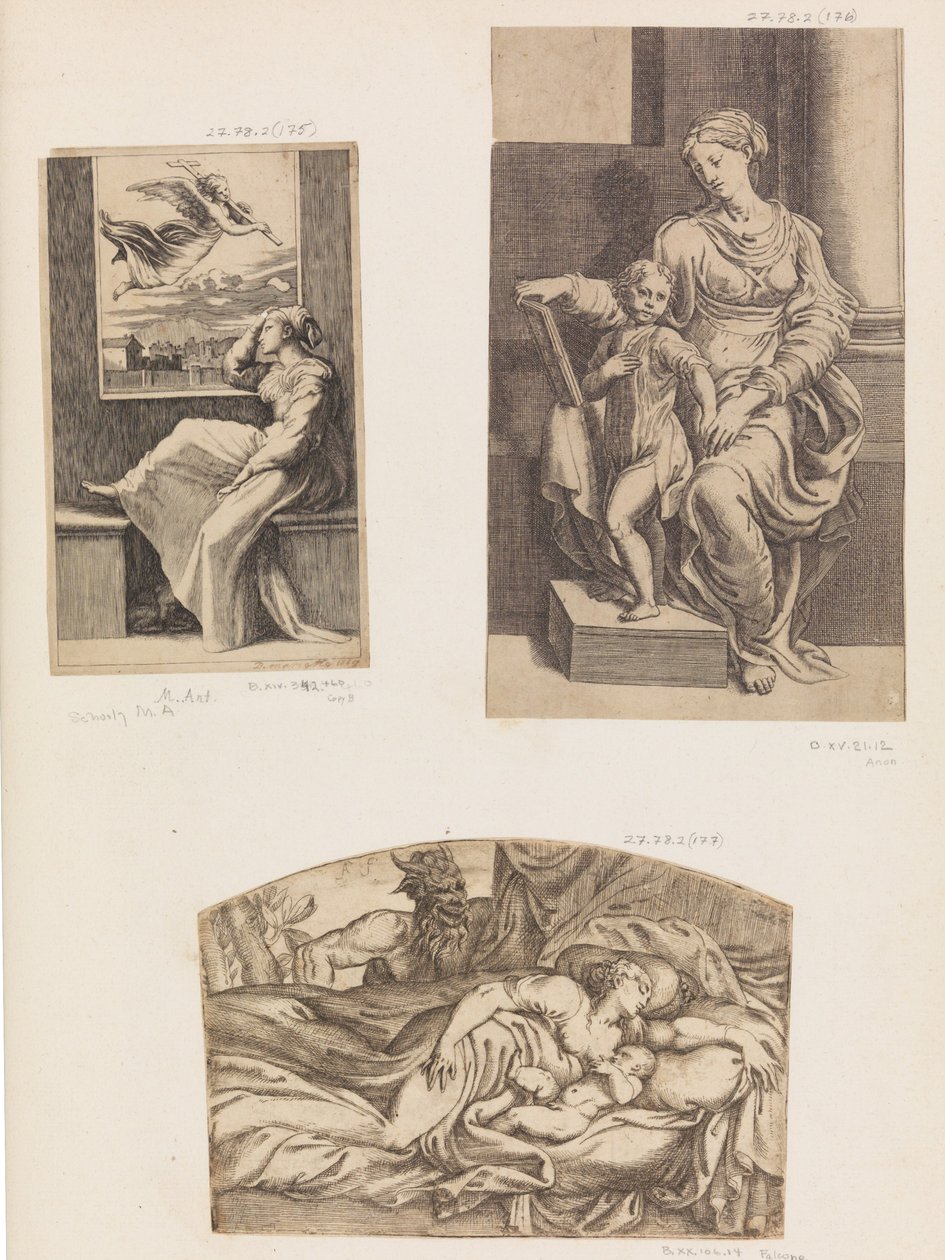 Žena a anděl, Panna a dítě, Satyr sleduje spící mladou matku a dítě, 1555-1567. od Angiolo Falconetto