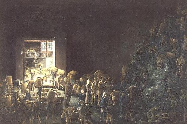 Plnění truhlíků na čaj; a výroba čaje v prvním procesu, c.1820 (jeden z páru) c.1820 od Anglo Chinese School