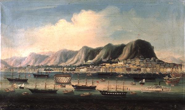 Pohled na Hong Kong, s Prison Hulkem a Kolesovým parníkem v přístavu (olej na plátně) od Anglo Chinese School