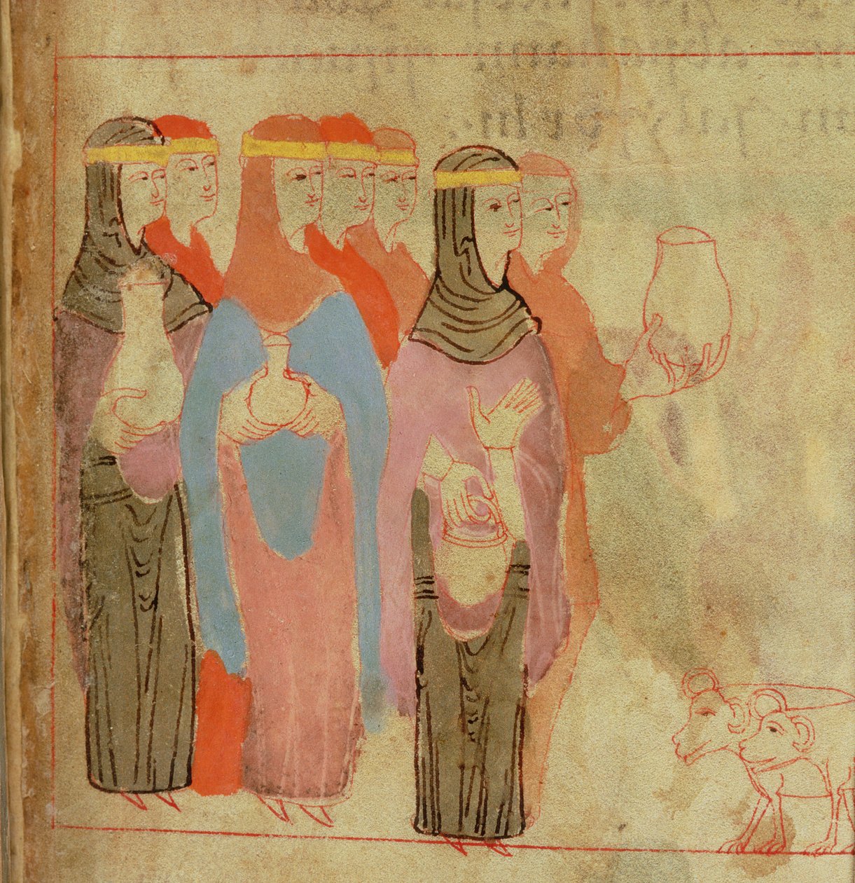 Cott Claud B IV f.76 Ženy se zlatými čelenkami, z Aelfric Pentateuch, ze St. Augustine
