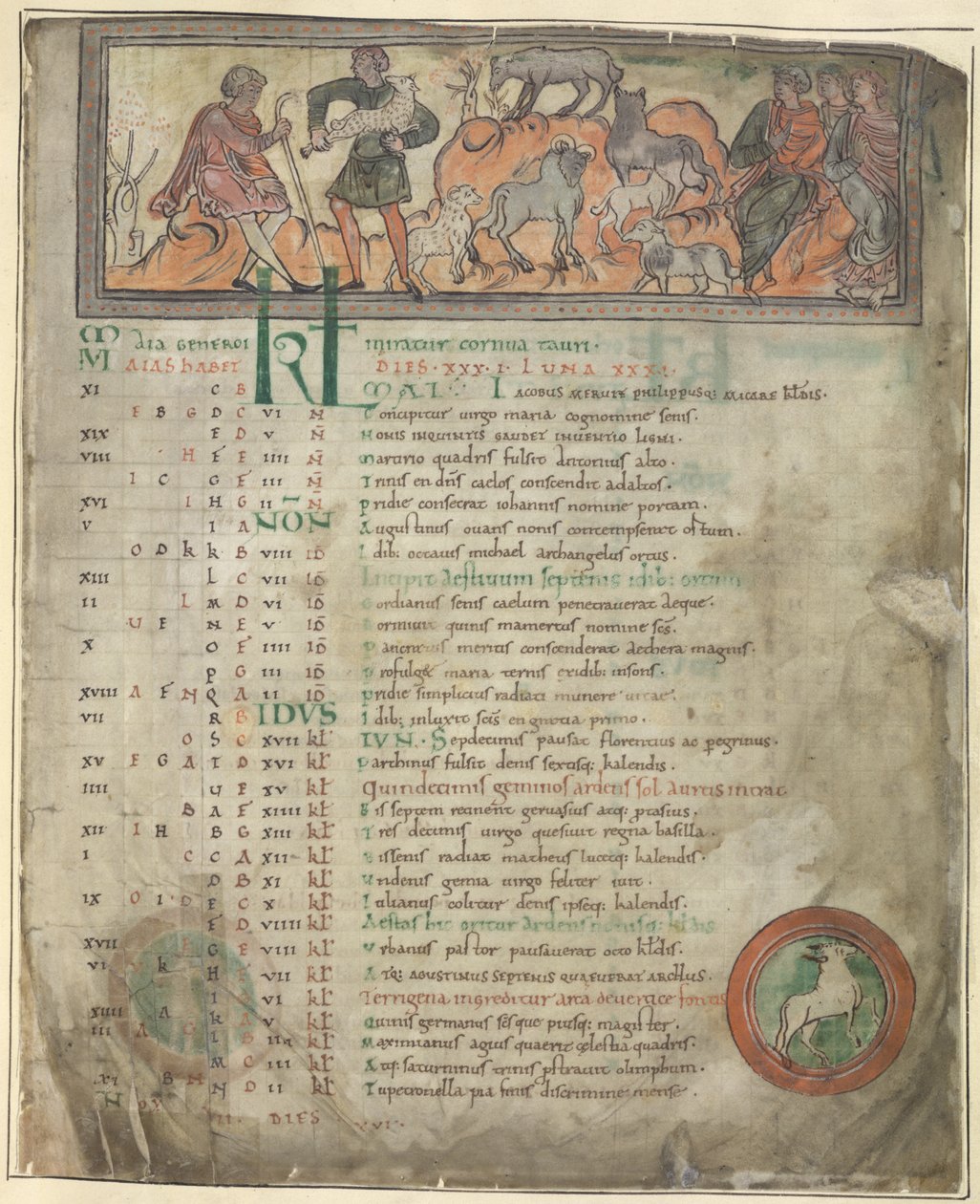 Cotton Tiberius B. V, 1. část, f.5 Kalendářní stránka na květen. Péče o ovce. Dva pastýři se svým stádem, jeden drží lump, a tři sedící postavy. U nohou Beran v rondelu od Anglo Saxon
