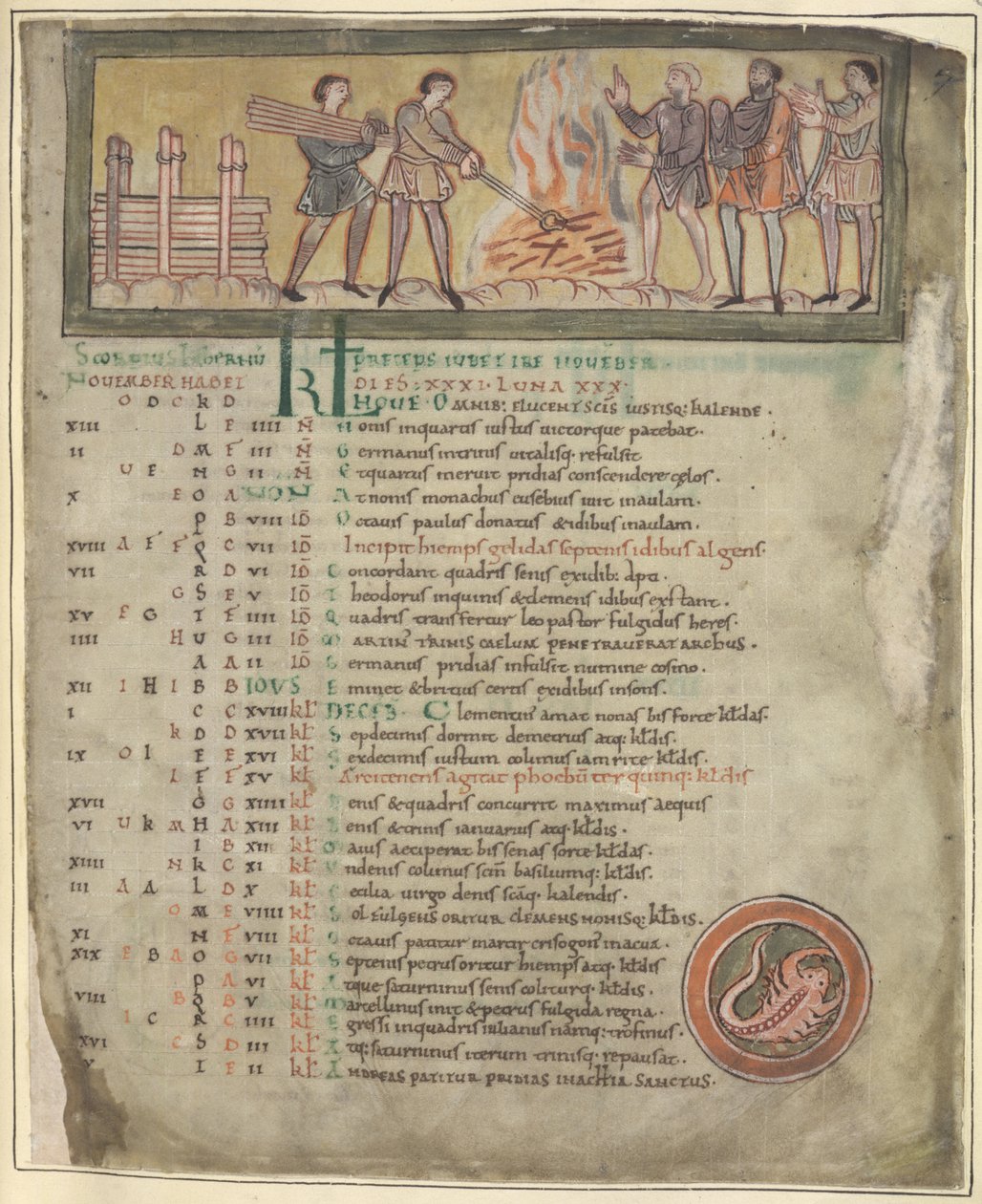Bavlna Tiberius B. V. část 1 f.8 Oteplování a kovářství, listopad z kalendáře, Winchester (?) druhá čtvrtina 11. století (vellum) od Anglo Saxon