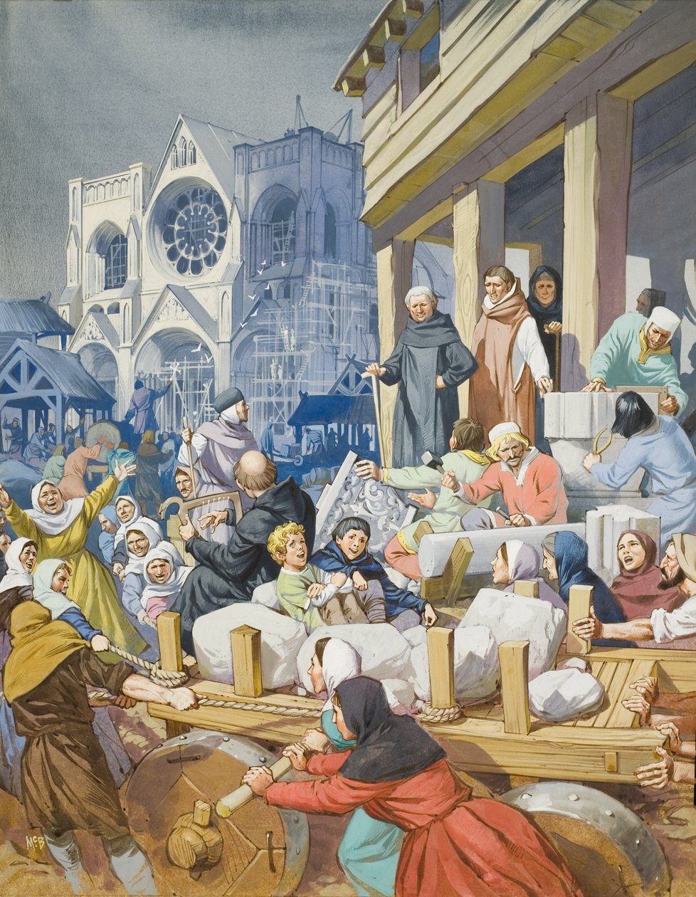 Opat Suger (asi 1081-1151) a stavba opatství St Denis (kvaš na papíře) od Angus McBride