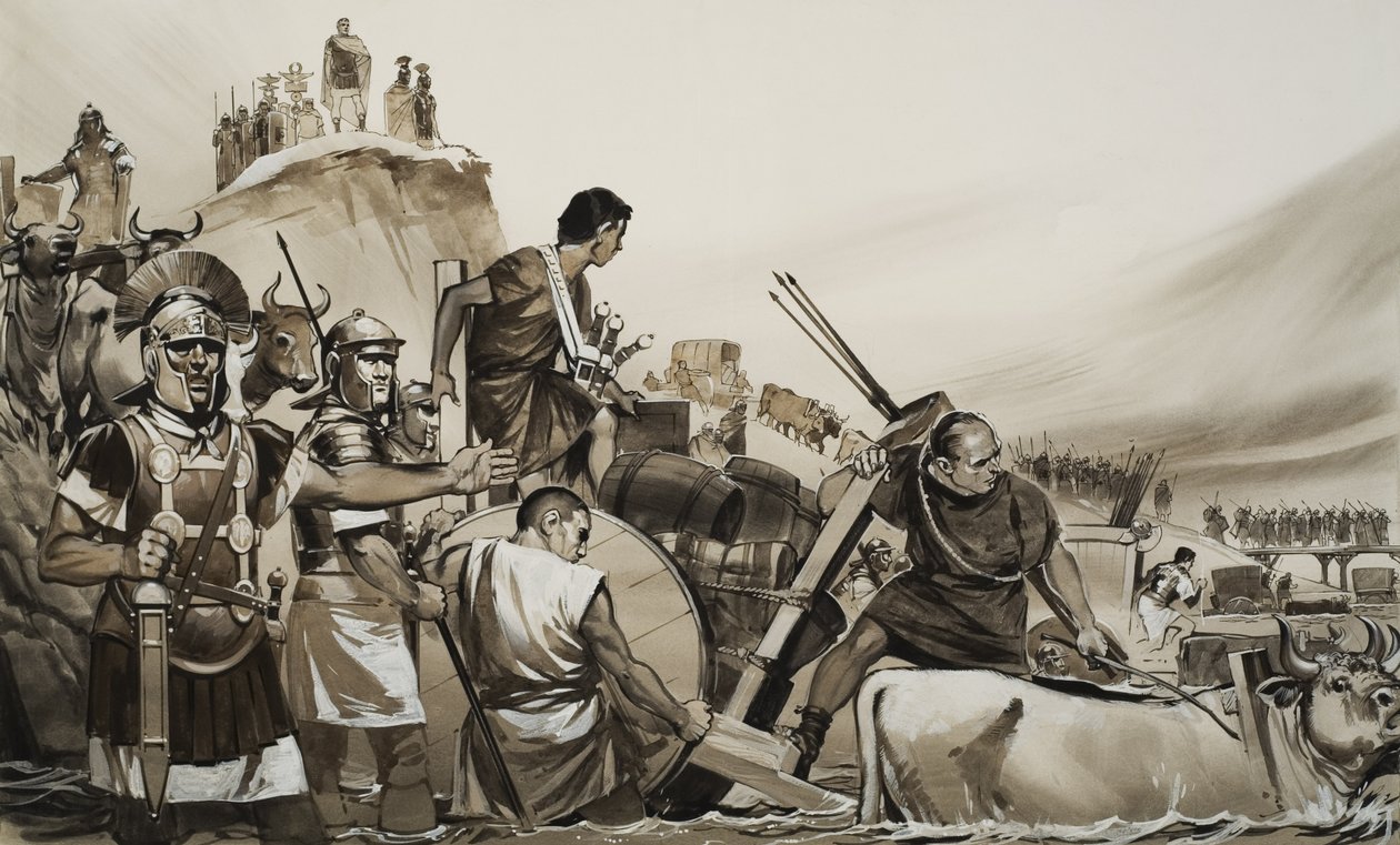 Julius Caesar (100-44 př. n. l.) vedl své vojáky přes řeku Rubikon a táhl na Řím (kvaš na papíře) od Angus McBride