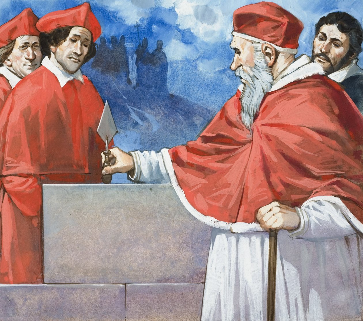 Papež Julius II (1443-1513) Pokládání základního kamene chrámu svatého Petra v roce 1506 (kvaš na papíře) od Angus McBride