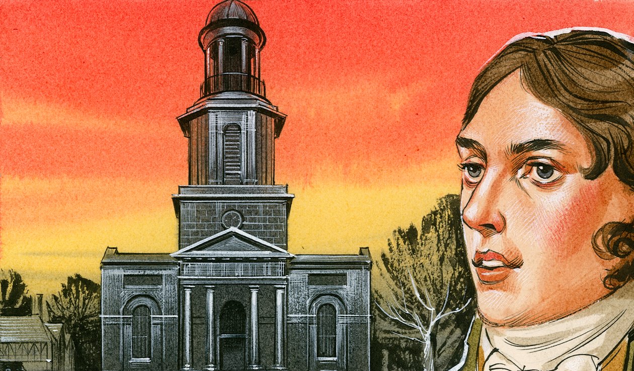 Samuel Taylor Coleridge před kostelem St Chad