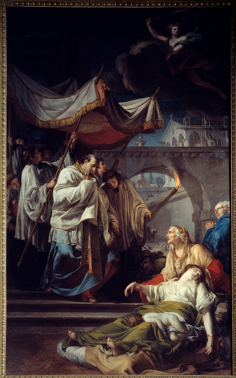 Borromee komunikující pestifery. Saint Charles Borromee (Carlo Borromeo od Anicet Charles Gabriel Lemonnier