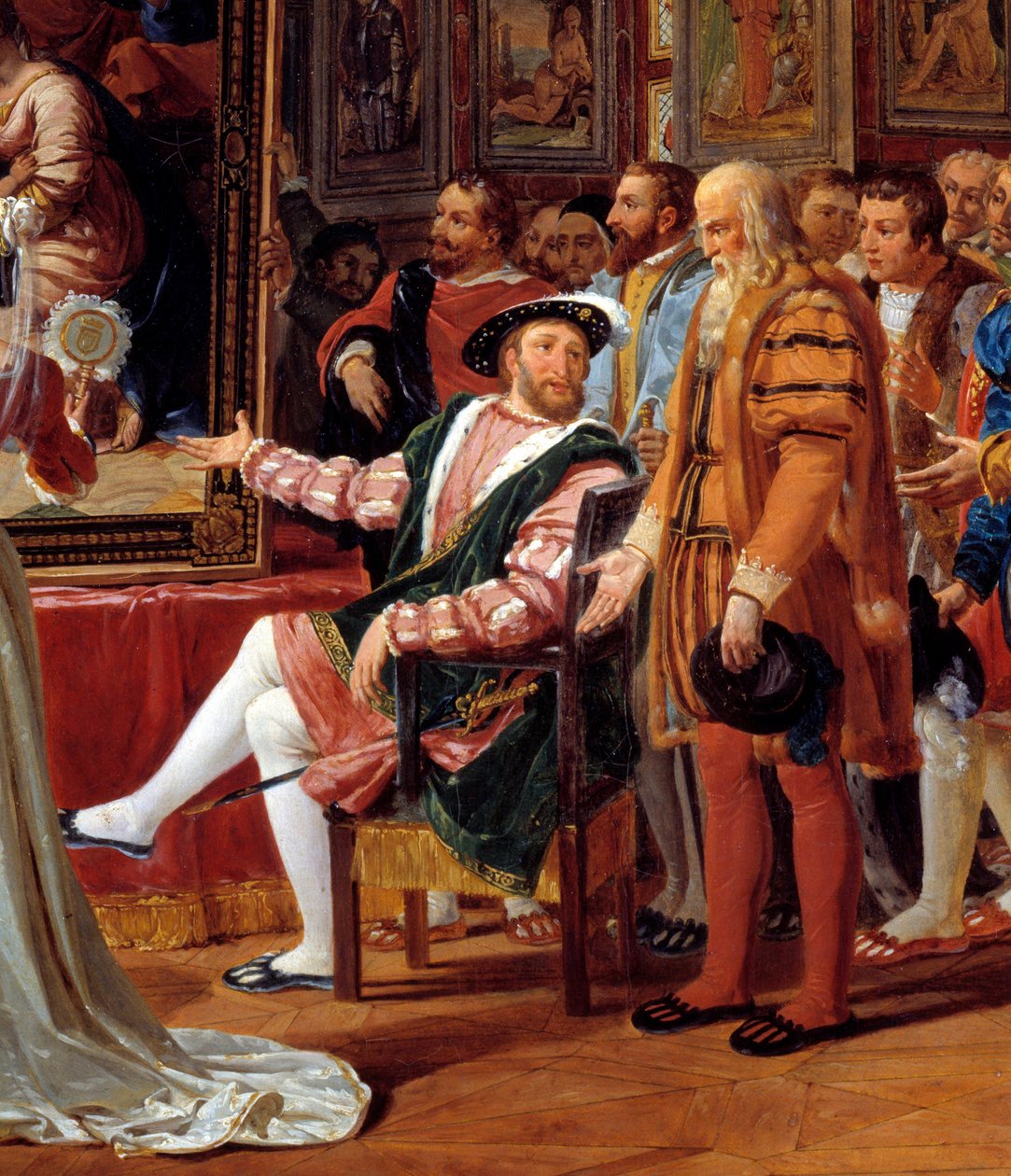 Detail obrazu: Století Františka 1.: Francois 1. francouzský král dostává ve Fontainebleau obraz Svaté rodiny, zaslaný z Říma Raphaelem (italský malíř Raffaello sanzio) jako poctu jeho vděčnosti. Leonard de Vinci (Leonar od Anicet Charles Gabriel Lemonnier