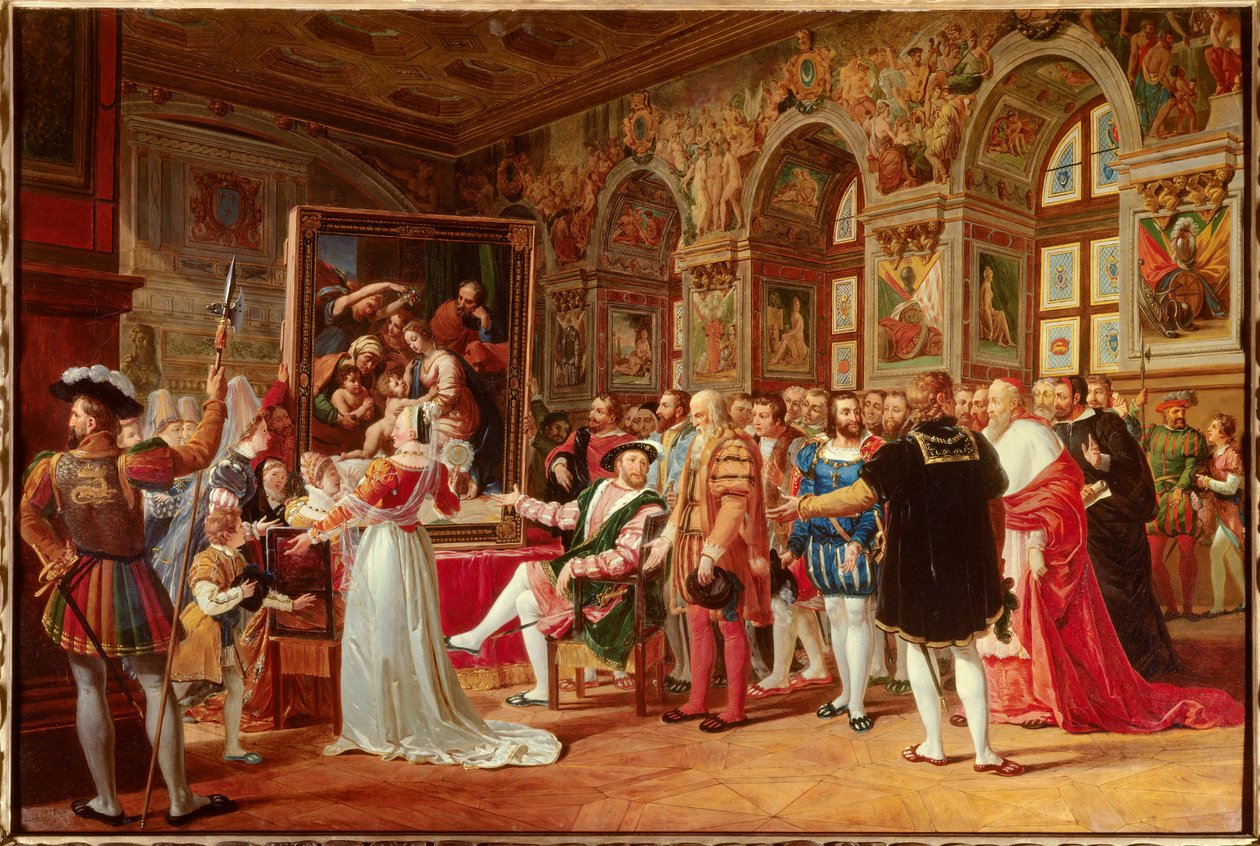 Století Francoise 1.: Francois 1. král Francie obdržel obraz Svaté rodiny ve Fontainebleau, který poslal z Říma Raphael (italský malíř Raffaello sanzio) jako poctu jeho vděčnosti. Po jeho stranách rozlišujeme: (Část vlevo o od Anicet Charles Gabriel Lemonnier