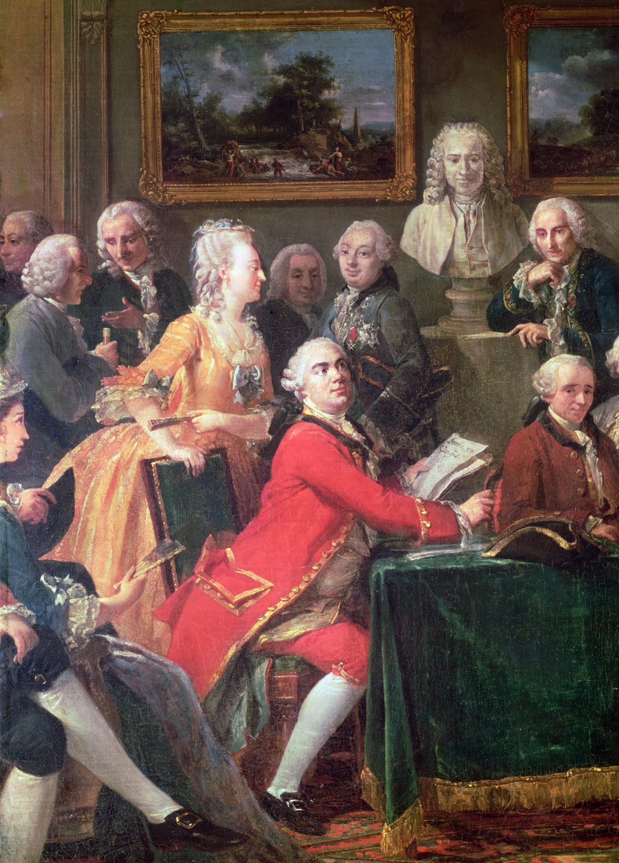 Soirée at the Home of Madame Geoffrin detail Lekain and Mademoiselle Clairon, 1755, olej na plátně od Anicet Charles Lemonnier