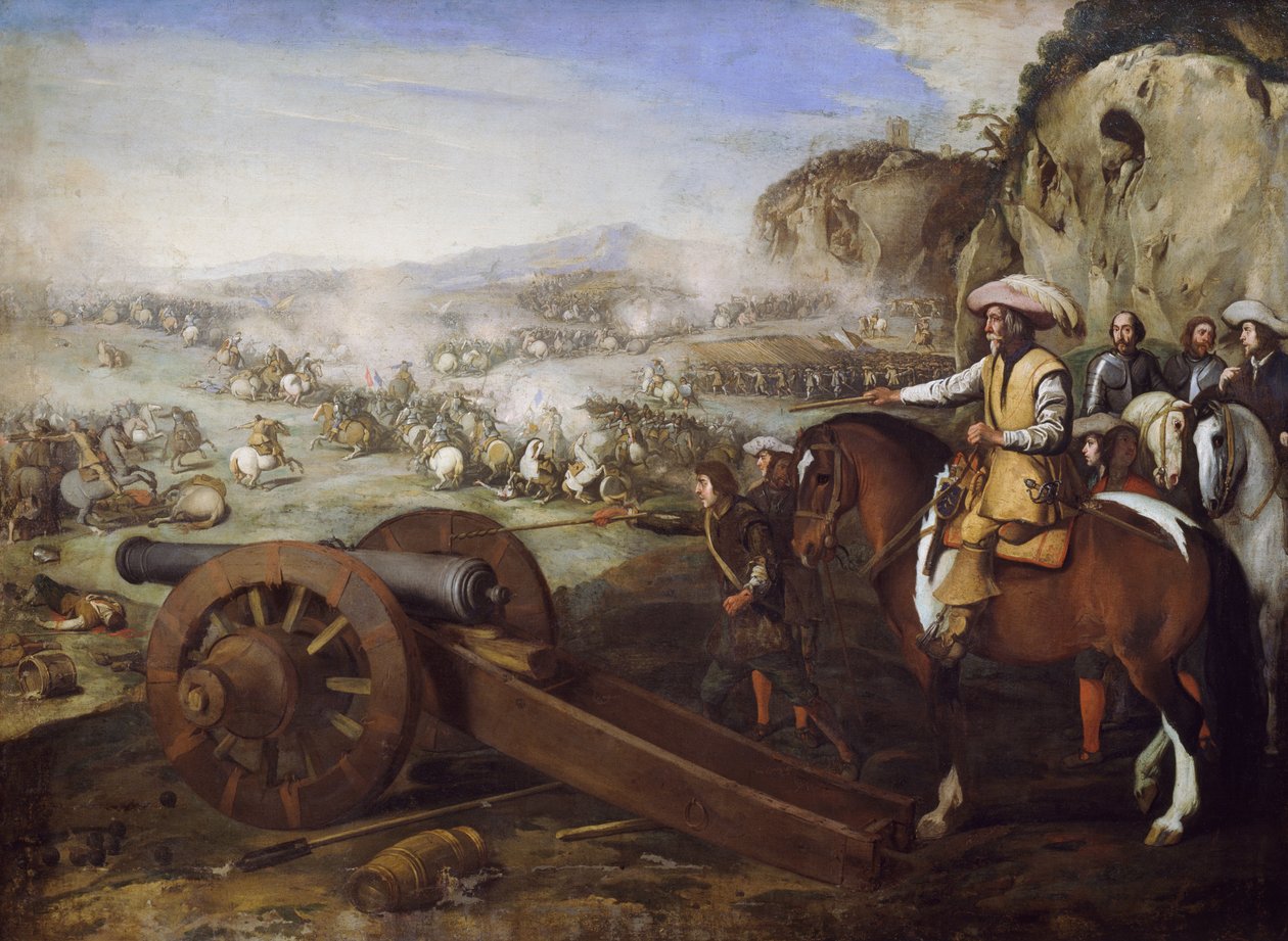 Kapitán na koni přikazuje střílet z děla během bitvy, obraz od Aniella Falconea (1607-1656), olej na plátně, 94x131 cm od Aniello Falcone