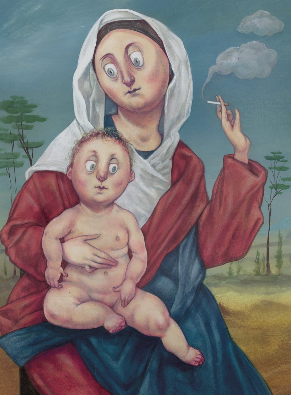 Madona na cigaretové pauze, 2018 (akrylová barva na ilustrační tabuli) od Anita Kunz