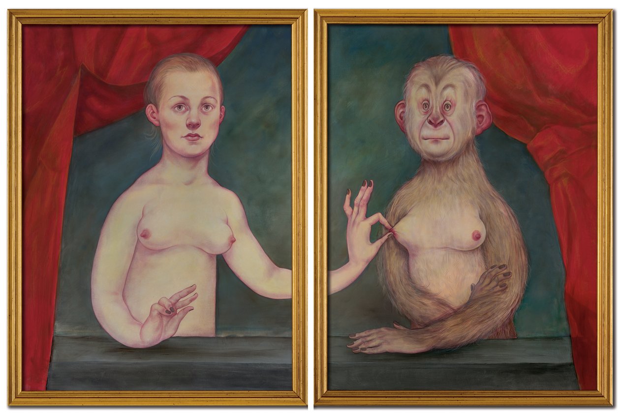 Simia a jedna z jejích sester, 2018 (akrylová barva na ilustrační tabuli) od Anita Kunz