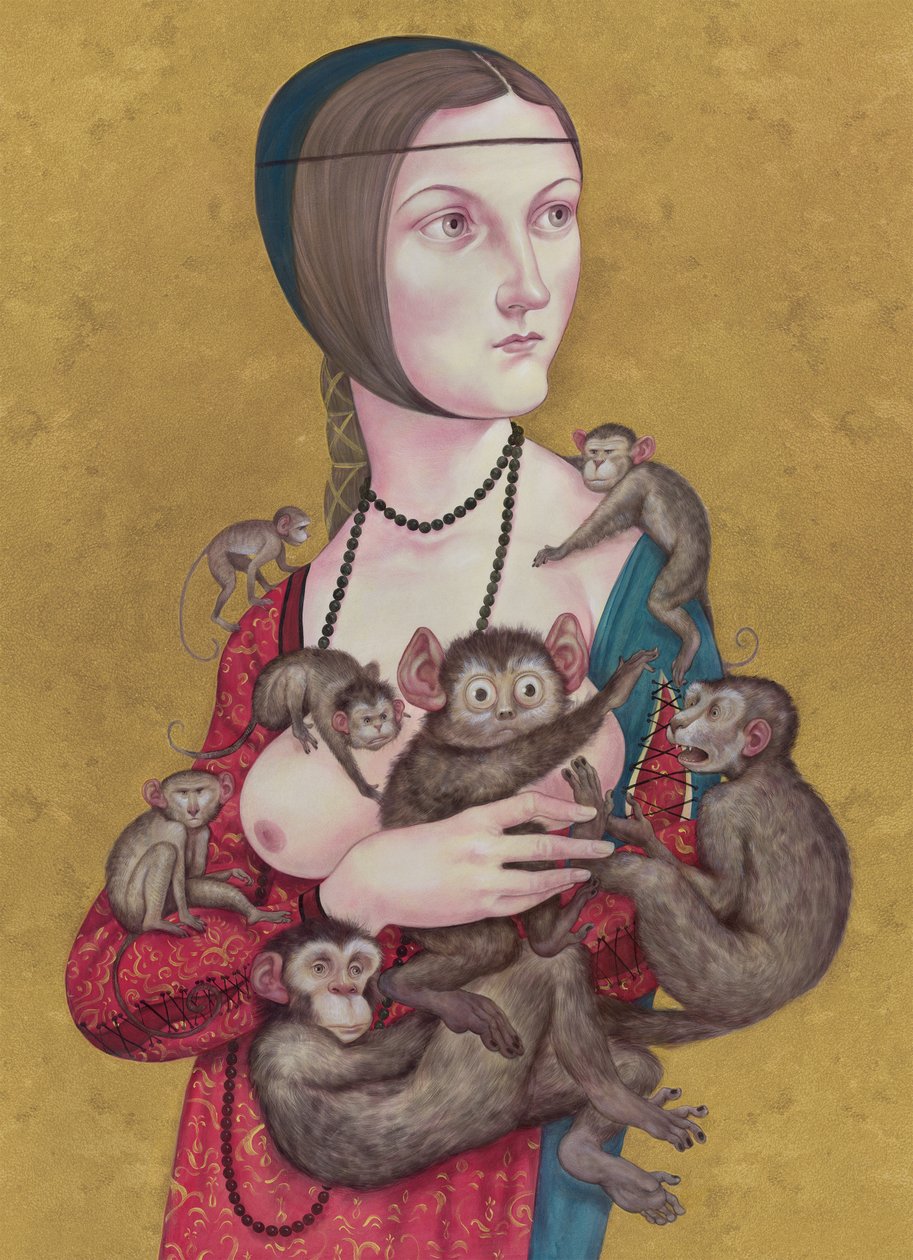 Žena s opicemi, 2016 (akrylová barva na ilustrační tabuli) od Anita Kunz