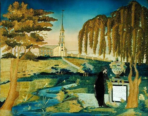 Žena stojící u památníku umělcova manžela, kolem 1800-20 (hedvábí) od Ann D. Beckman
