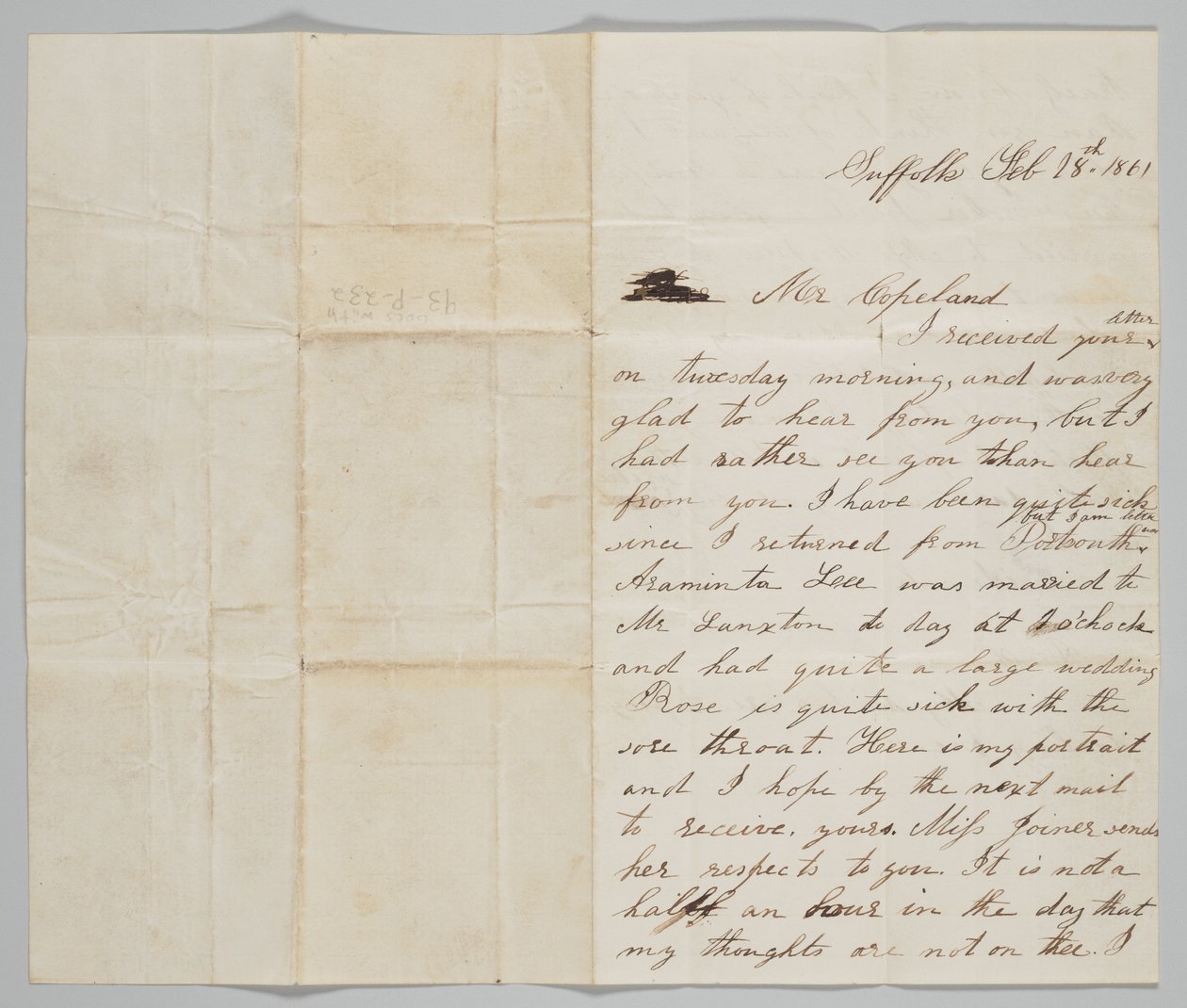 Dopis Johnu Copelandovi od jeho manželky Ann, 18. února 1861. od Ann Hurst Copeland