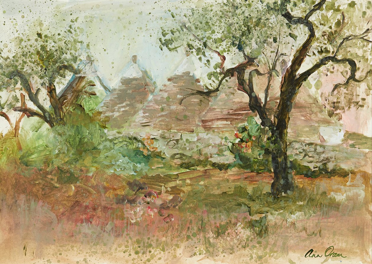 Trulli And Olive Tree (akvarel a kvaš) od Ann Oram