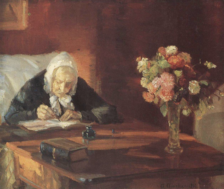 Ane Hedvig Brndum sedí u stolu a Ane Hedvig Broendum sedí u stolu od Anna Ancher