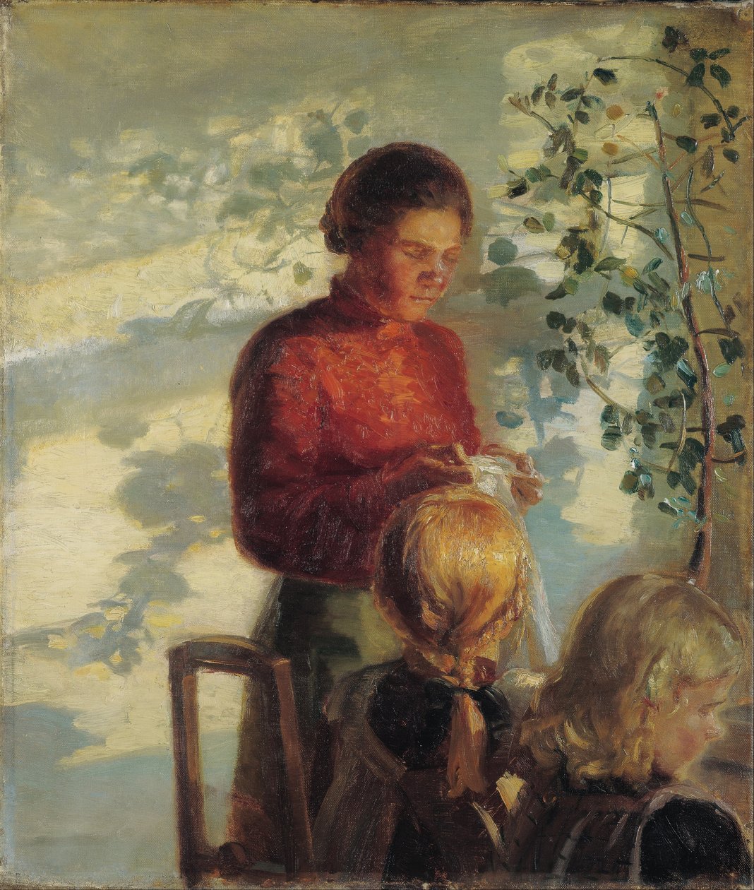 Dvě malé dívky se učí, jak šít od Anna Ancher