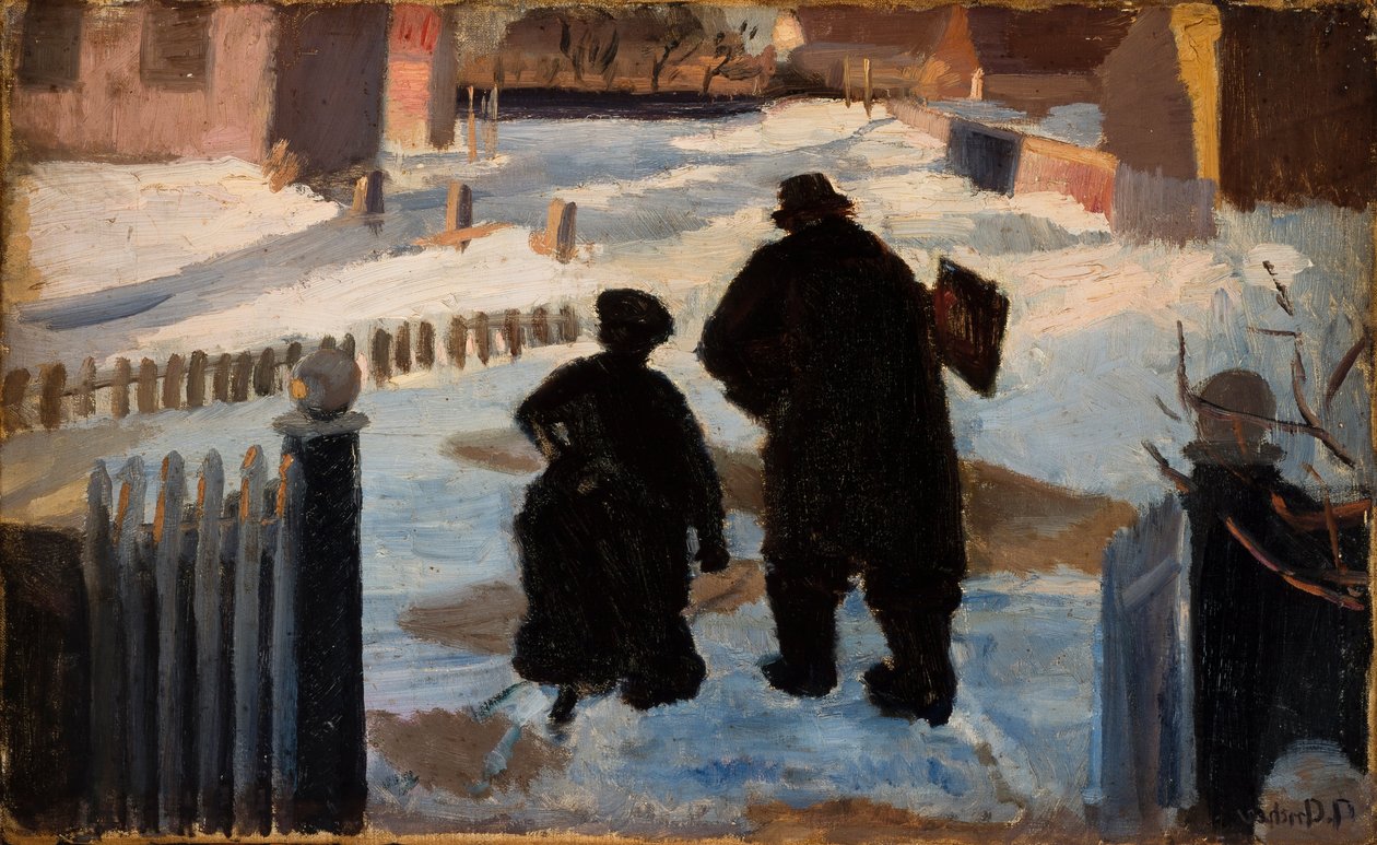 Michael Ancher na cestě do svého studia v doprovodu varhaníky Helene Christensen od Anna Ancher