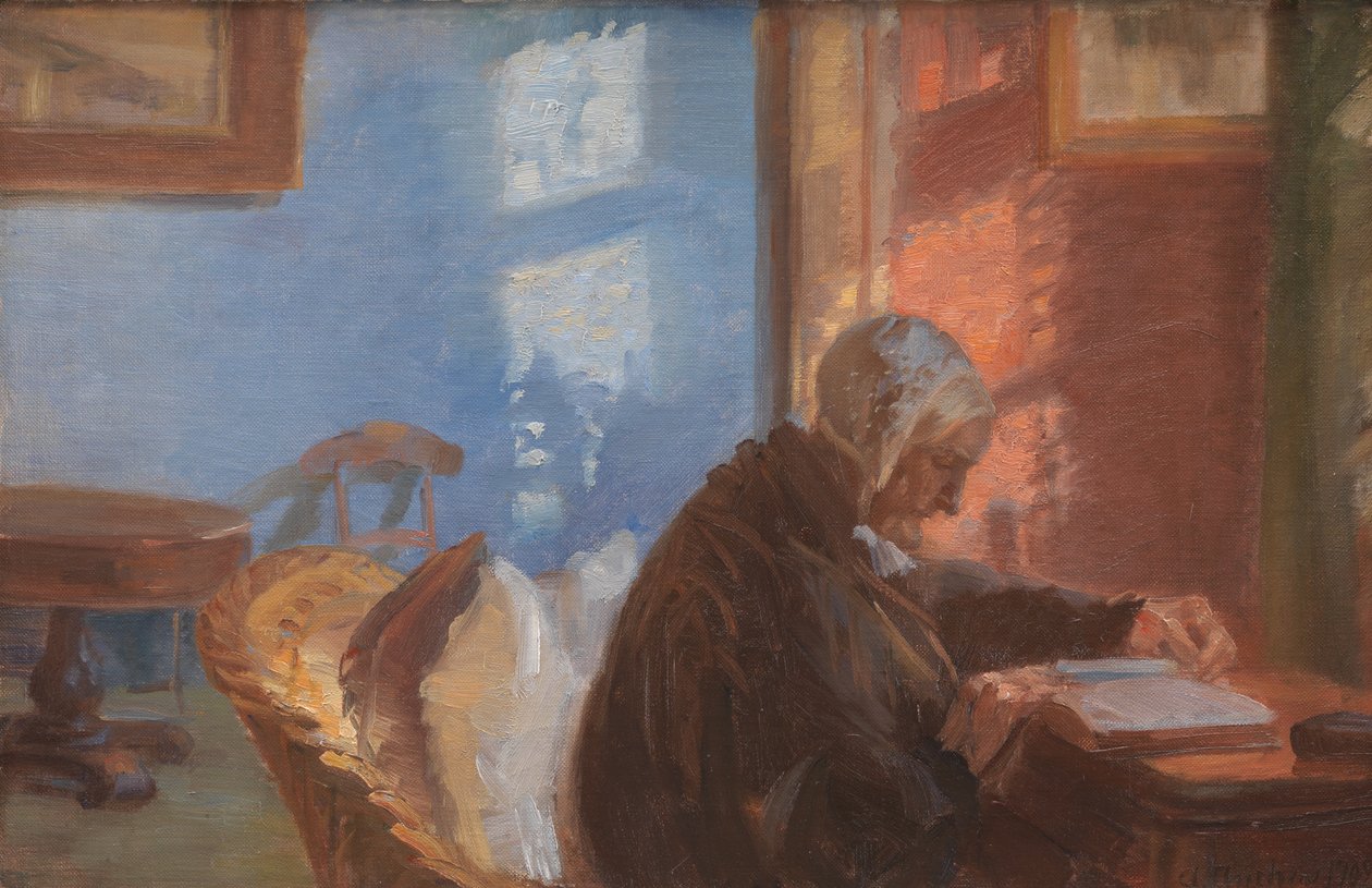 Umělcova matka a Hedvig Brøndum v červeném pokoji od Anna Ancher