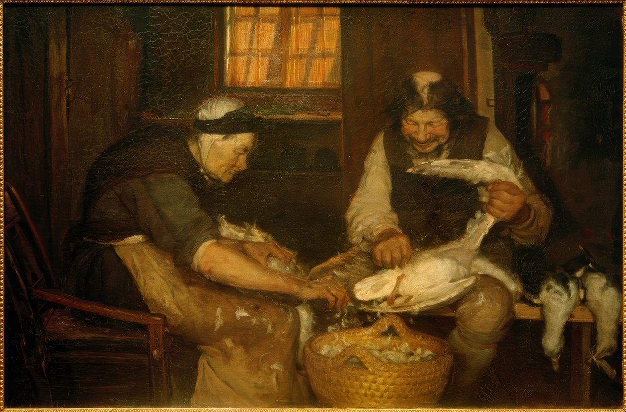 Dva staří lidé škubající racky. Lars Gaihede a stará Lene od Anna Ancher