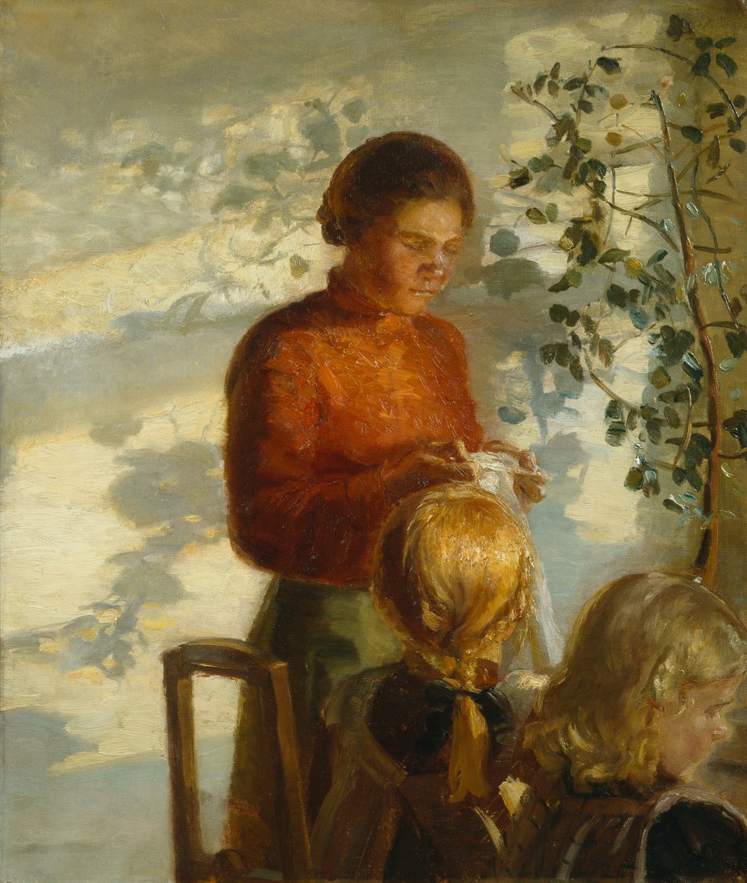 Děvčátka se učí šít, cca 1910 (malba) od Anna Kirstine Ancher