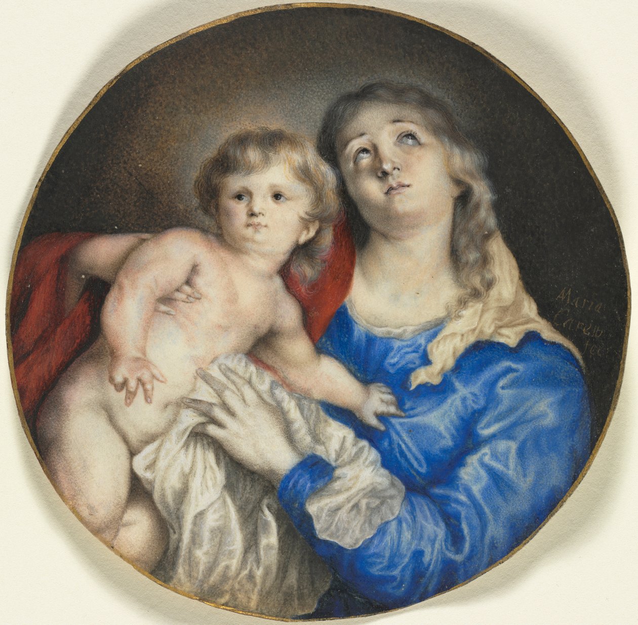 Panna s dítětem, kolem roku 1662 (akvarel zvýrazněný gumou na pergamenu, se zlatem) od Anna Maria Carew