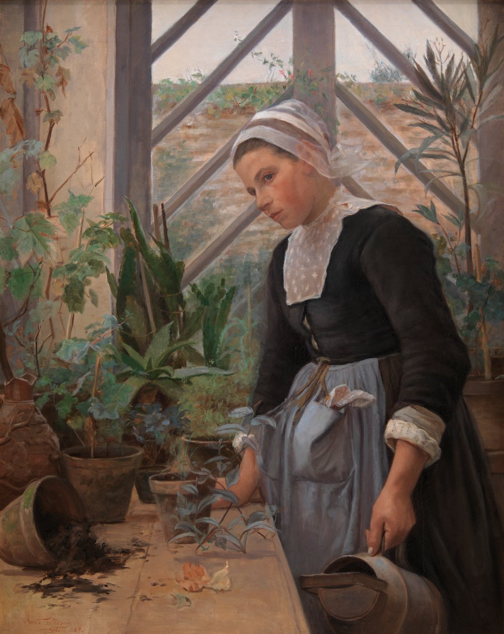 Breton Girl Pečující o rostliny v skleníku, 1884 od Anna Petersen