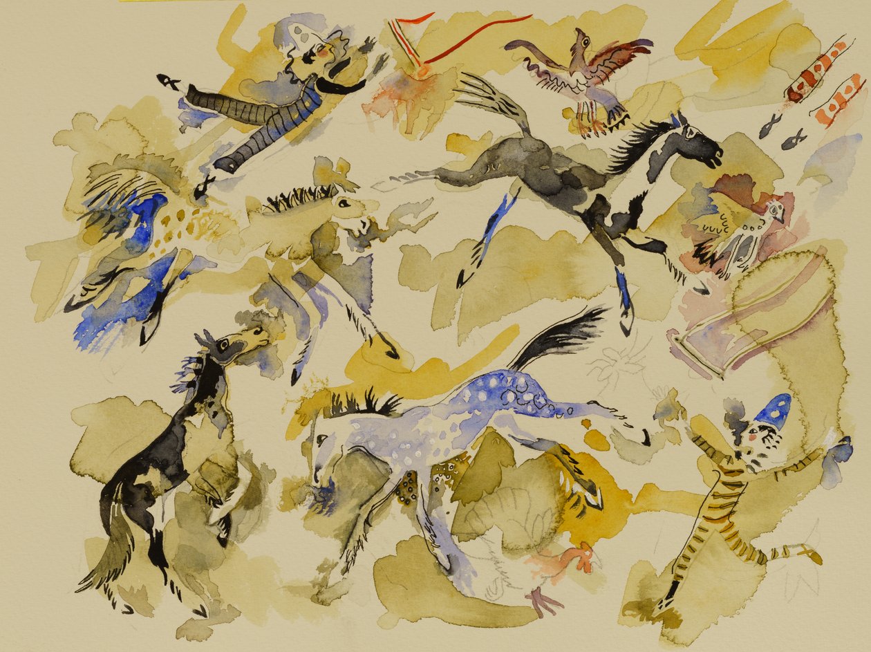 Kůň a klauni, 2023 (akvarel) od Anna Pugh