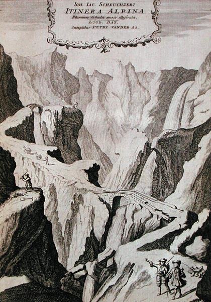 Frontispis k I. dílu „Itinera Alpina“ od Johanna Jacoba Scheuchzeriho, vydáno 1706 (rytina) od Anna Wasera (after) Tigurina