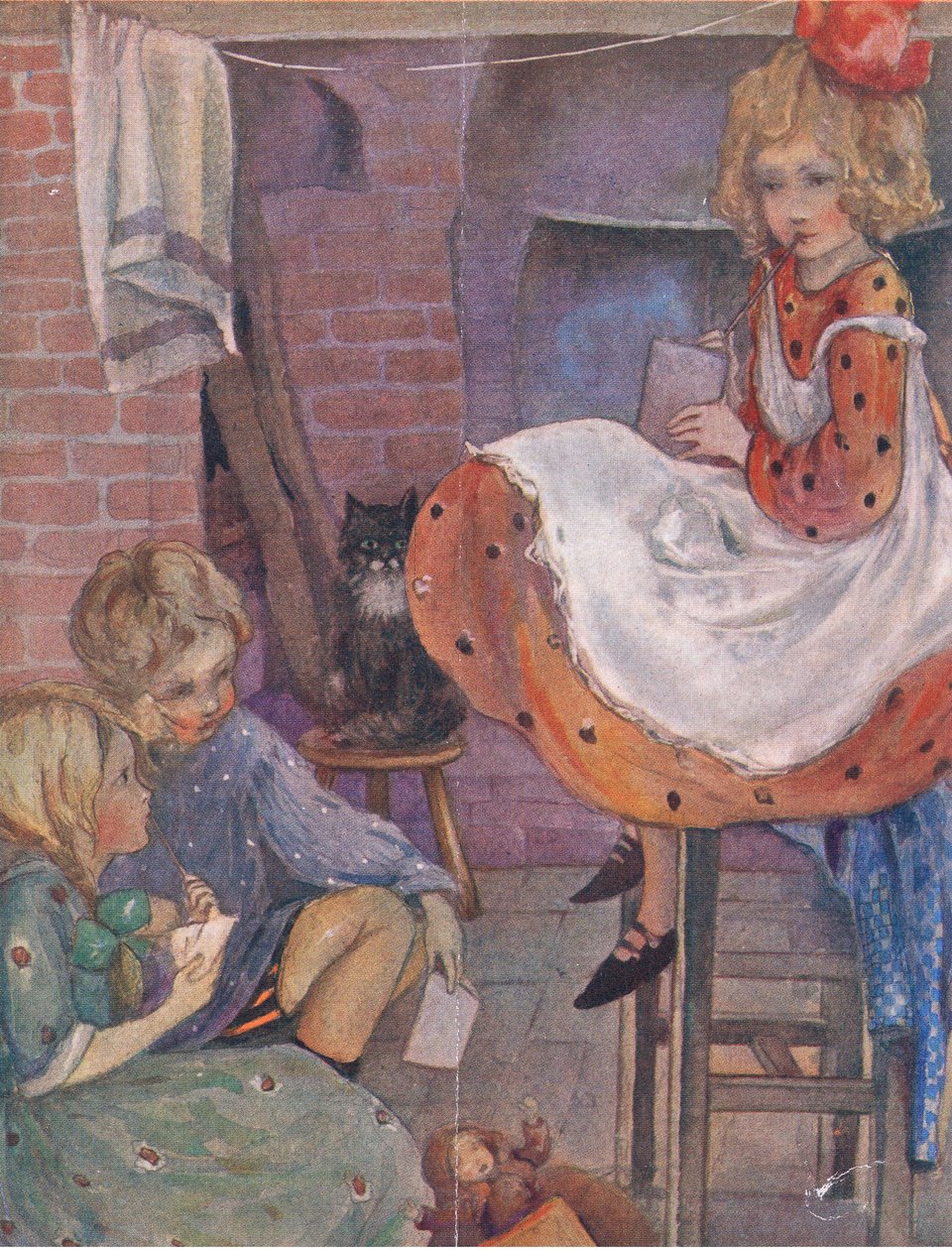 Nemohu přemýšlet, co dodat, z Velké knihy pro děti (Herbert Strang) vydané Humphrey Milfordem, Oxford University Press, kolem roku 1920 od Anne Anderson